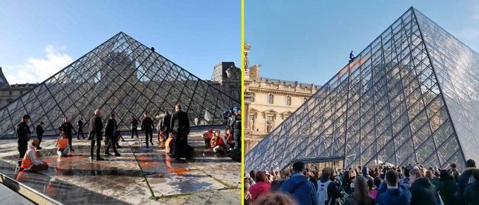 Activistas ambientais pintam pirâmide do Louvre em Paris