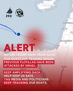 9 embarcações da Global Sumud Flotilla aproximam-se de Gaza com 150 pessoas a bordo entre muitos jornalistas e médicos